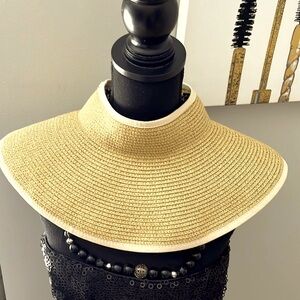 Saks Fifth Avenue sun visor hat tan and gold thread roll up for easy packing bow